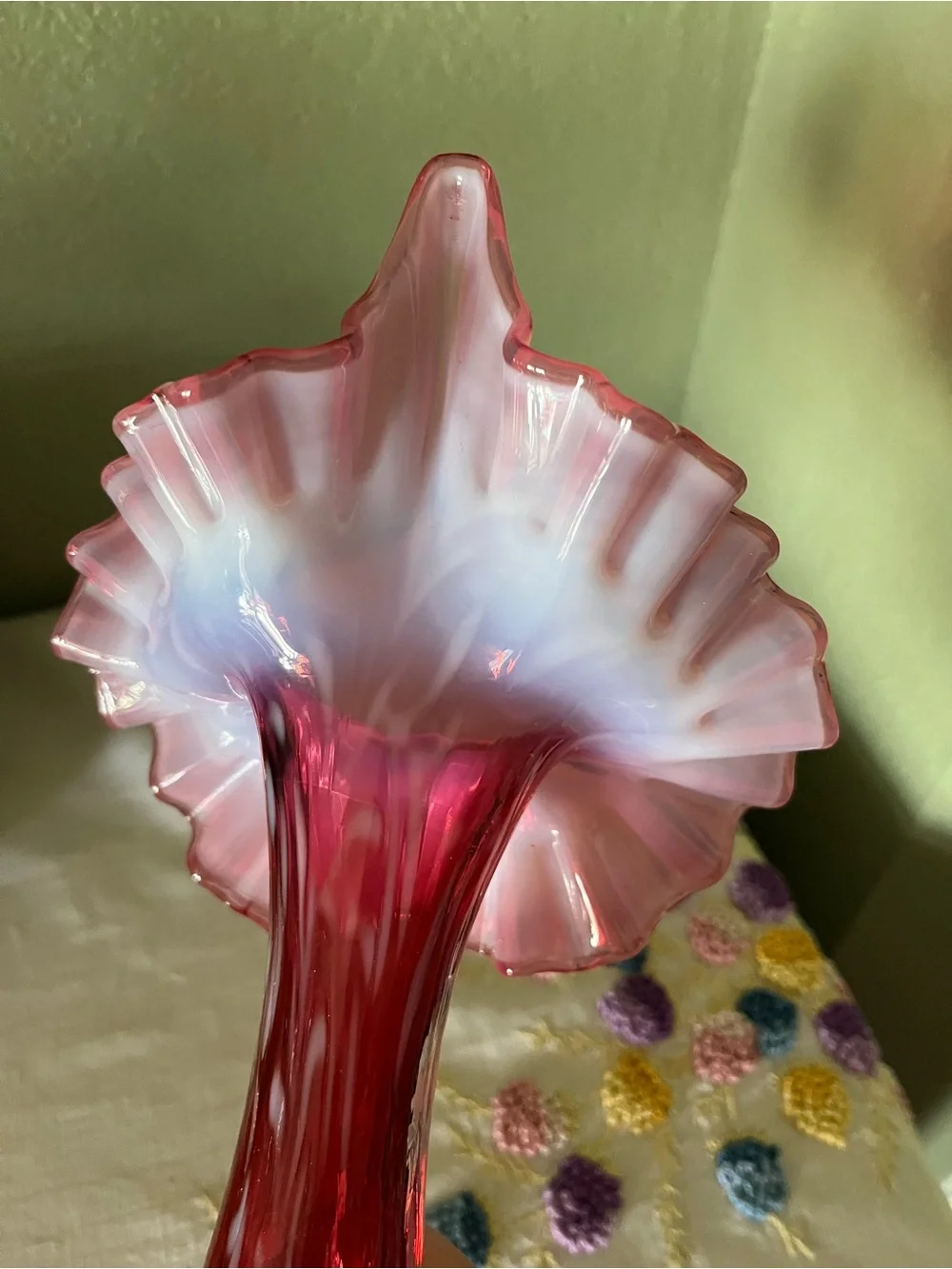 Fenton Cranberry Opalescent Daisy & Fern Jack in the Pulpit Vase